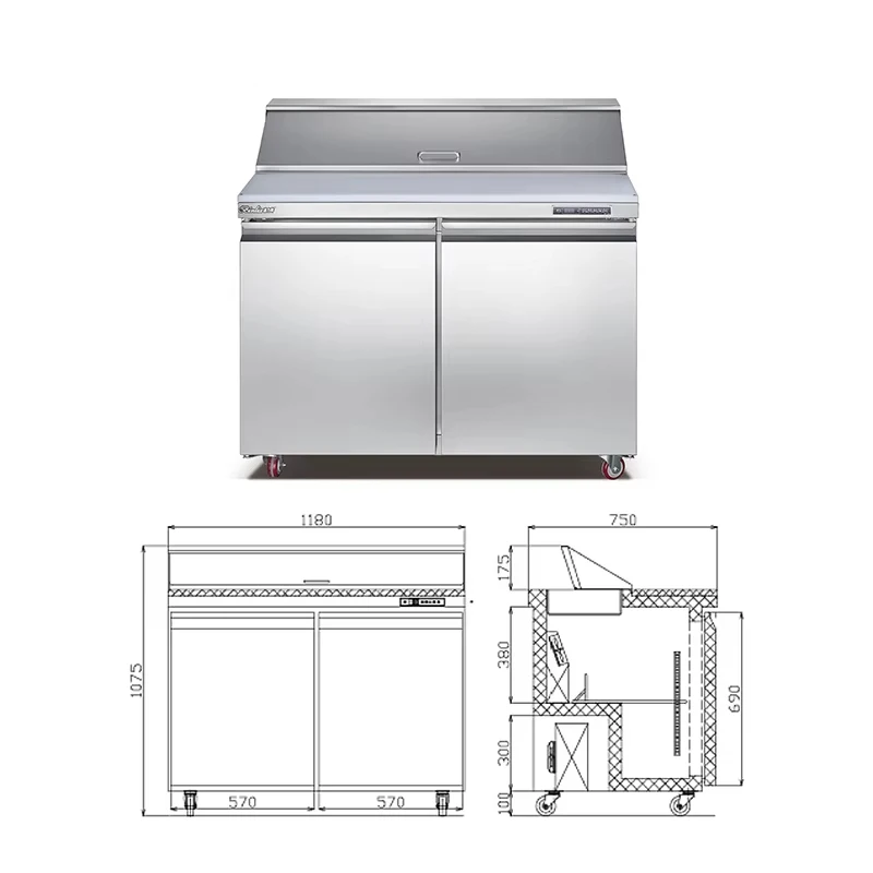Commercial Refrigerator Sandwich Salad Prep Table 2 Door Stainless Steel Counter Fan Cooling for Restaurant Bar Shop