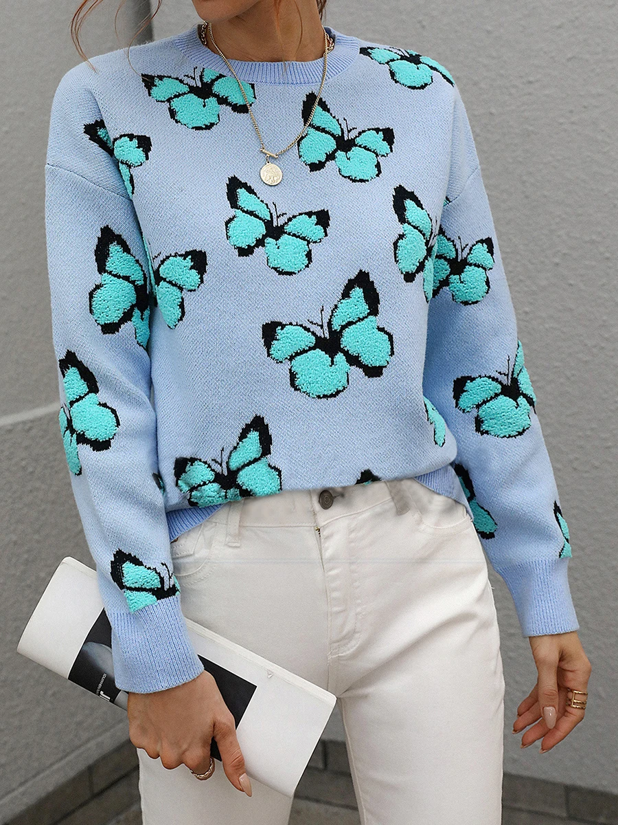 

Casual Female Jumper Top Streetwear Women Butterfly Sweaters Fashion Long Sleeve Crew Neck Drop Shoulder Loose Fit Knit Pullover