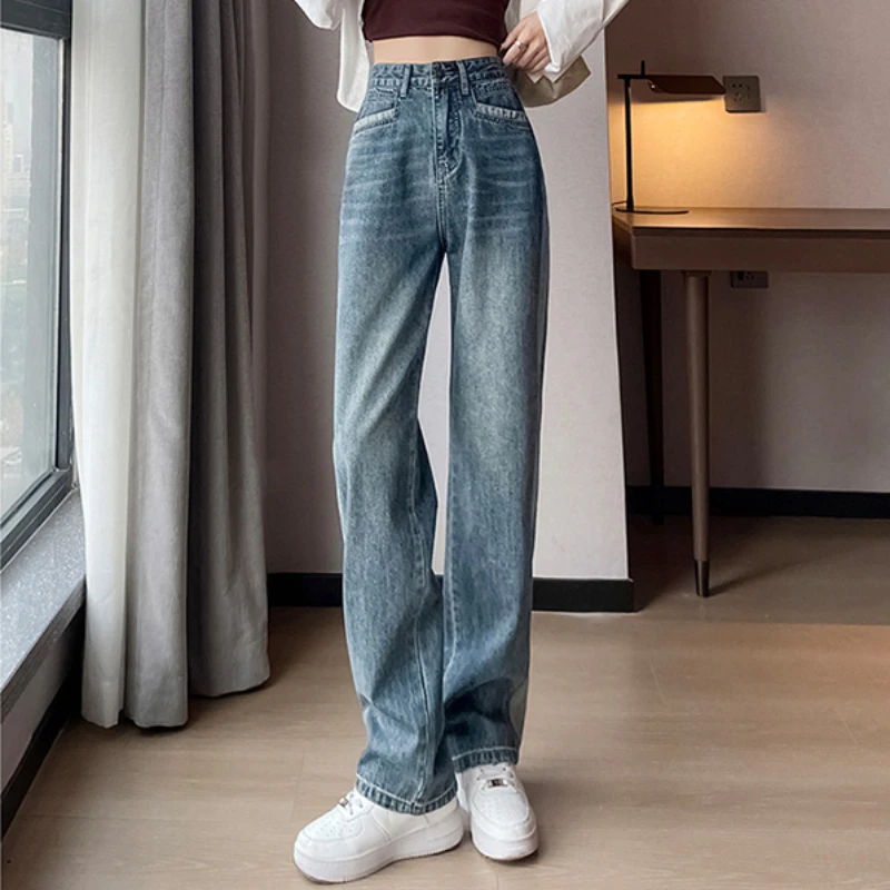

Blue Vintage Straight Jeans Women High Waist Casual Simple Fashion Denim Pants Popular All-match Basic Trousers Mujer Streetwear