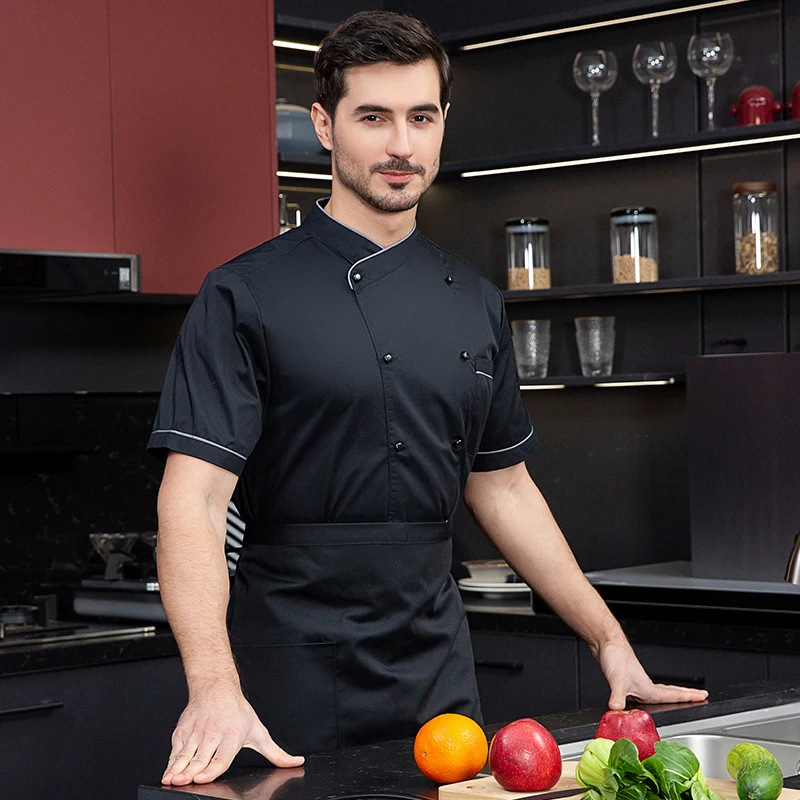 Chef Uniform Waiter Work Uniform Free Short Sleeve coat Chef Uniform Breathable Kitchen Cooking Jacket Restaurant Hotel Cafe Barber Waiter Work Shirt Unisex