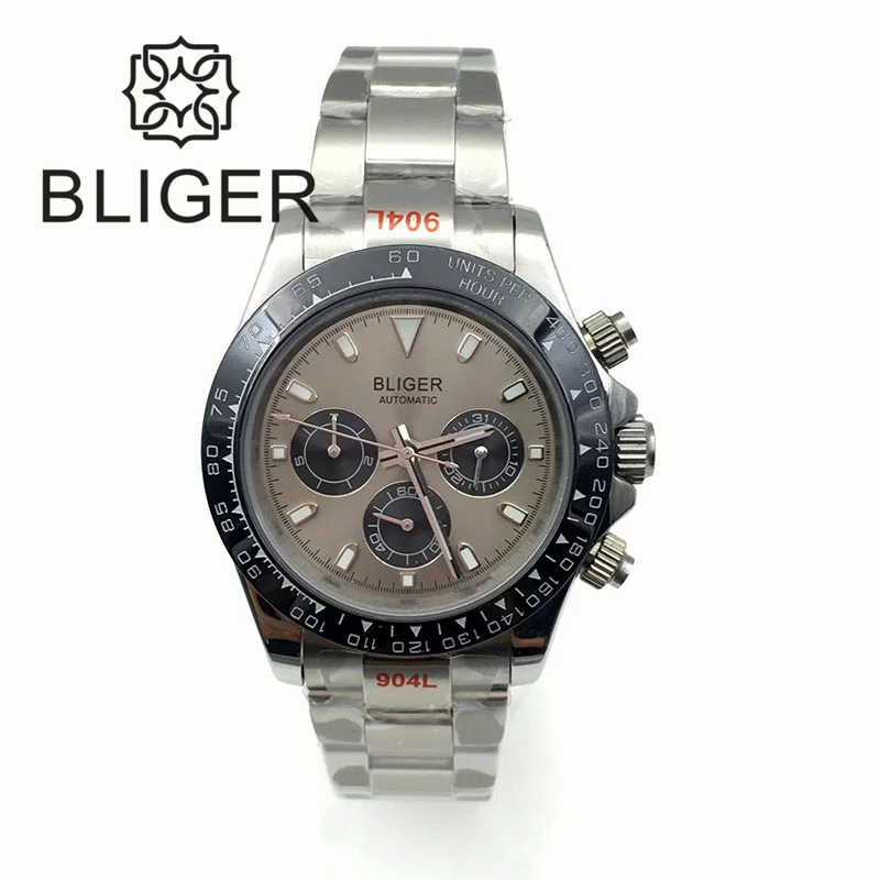 

BLIGER 39mm Multifuction Automatic Men Watch Sapphire Glass Date Waterproof Grey Dial Silver SS Bracelet Ceramic Bezel B237