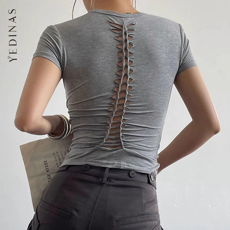 Yedinas Back Hollow Out Solid Women's T-shirt Korean Fashion Short Sleeve Slim Streetwear Summer Tops Soft Tees Female Clothing 1