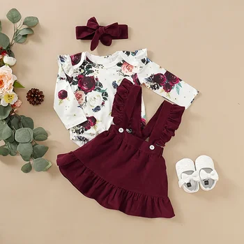 3-piece Baby Girl Clothes Toddler Floral Print Bodysuit Suspender Headband Set Newborn Infant Baby Girls Ruffled Sunflower