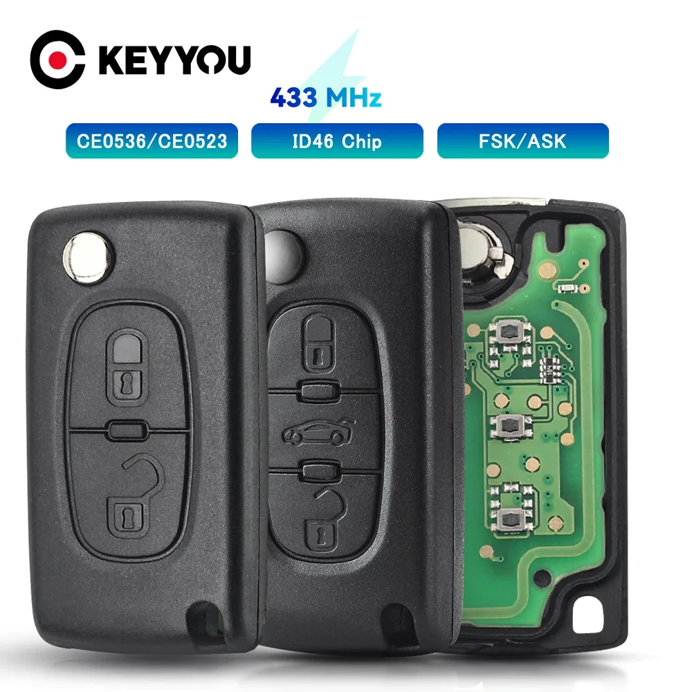 Llave Remoto Coche Para Peugeot 307, 308, Citroën C3, C4 - 2/3 Botones, 433 MHz, Con Batería Y Transpondedor