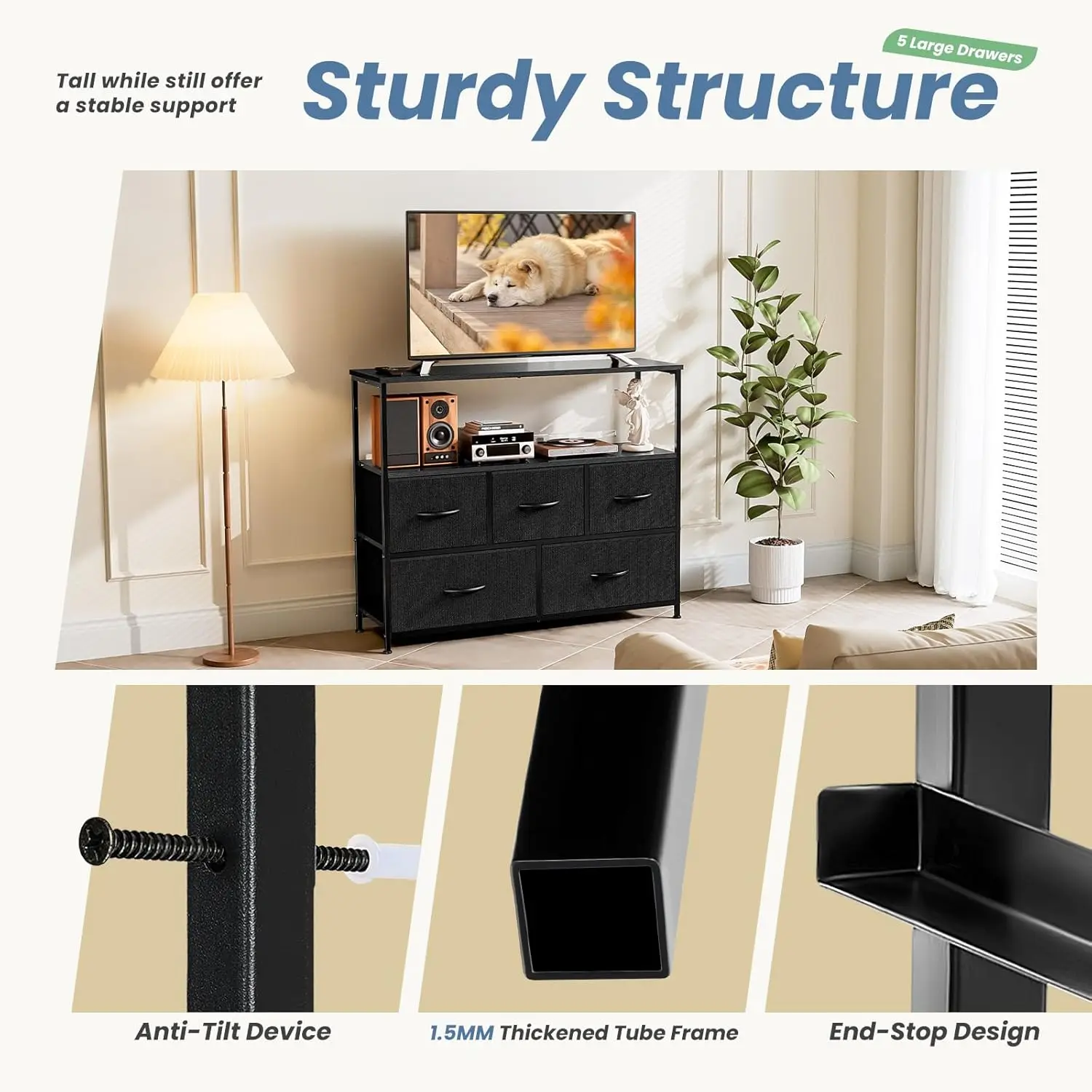 TV Stand & Dresser. For Bedroom. 40" TV Shelf. 5 Fabric Dressers. Storage. Entertainment Center.