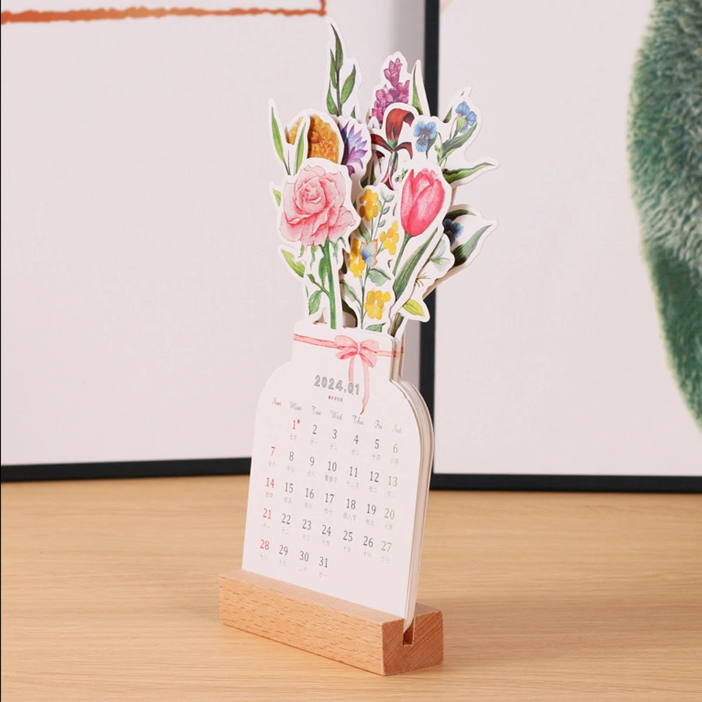 2024 꽃 책상 달력 장식 꽃 테마 달력, DIY 꽃병 모양, 12 개월 달력, 계획 일정