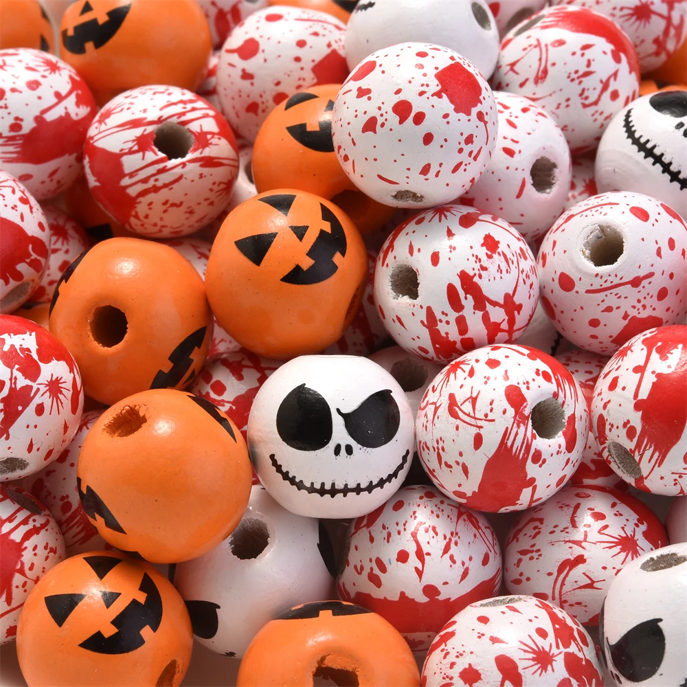 10 stücke 16mm halloween gruselige holz perlen natürliche holz abstands halter perlen für schmuck machen diy urlaub dekorations zubehör – Detail 6