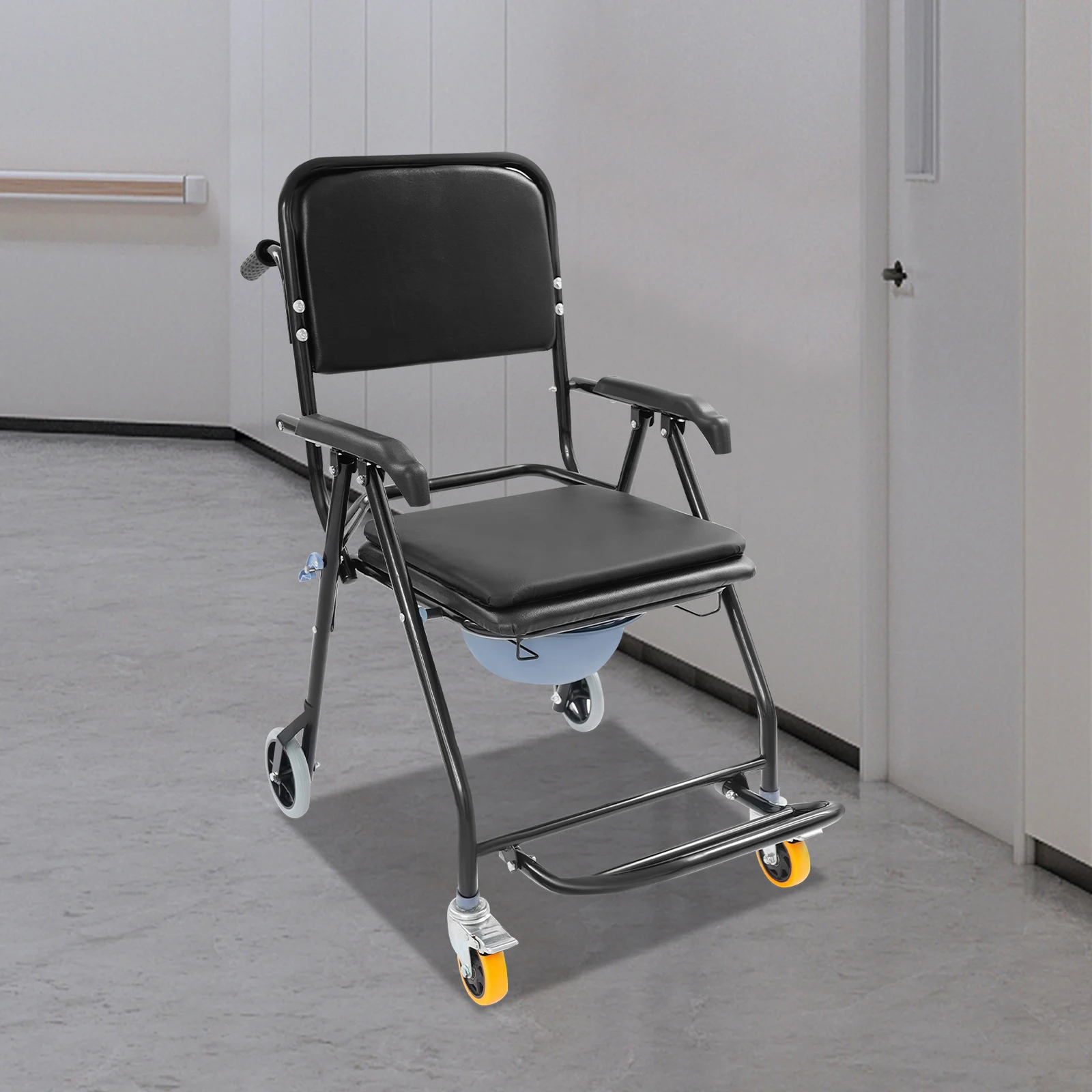 Schwarzer Rollstuhl für Menschen mit Behinderung Toilettenstuhl Duschstuhl Bettseitiger Toilettenstuhl mit Armlehnen für Senioren usw. – Detail 6