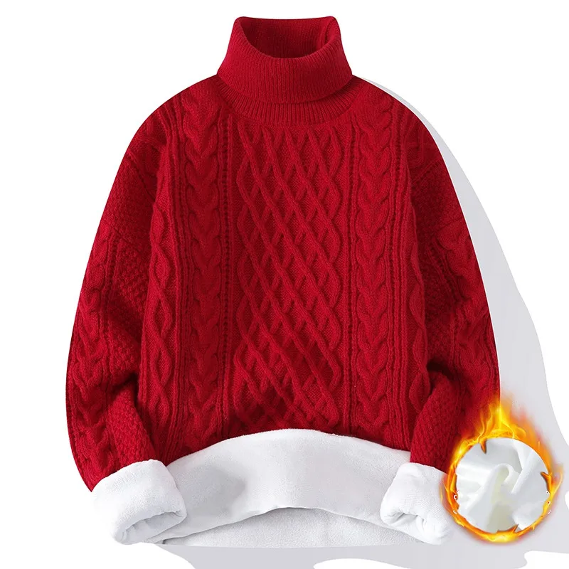 2023 Autumn Winter Mens Fleece Turtleneck Sweater Men Knitting Pullovers Knitted Red Sweater Warm Men Jumper Casual Sweater