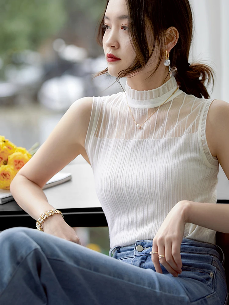 Sexy durchsichtige Spitze Tanktops Frauen Sommer ärmellose Strickweste lässig koreanische halbhohe Kragen Camis schwarz weiß Top – Detail 15