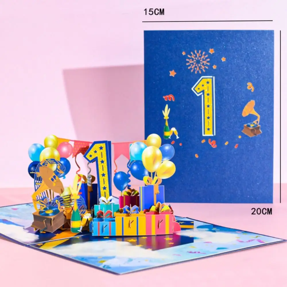 Paper 3D Ballon Greeting Card Handcrafted Blue 1-100 Anniversary Card Portable with Envelope Anniversary Greeting