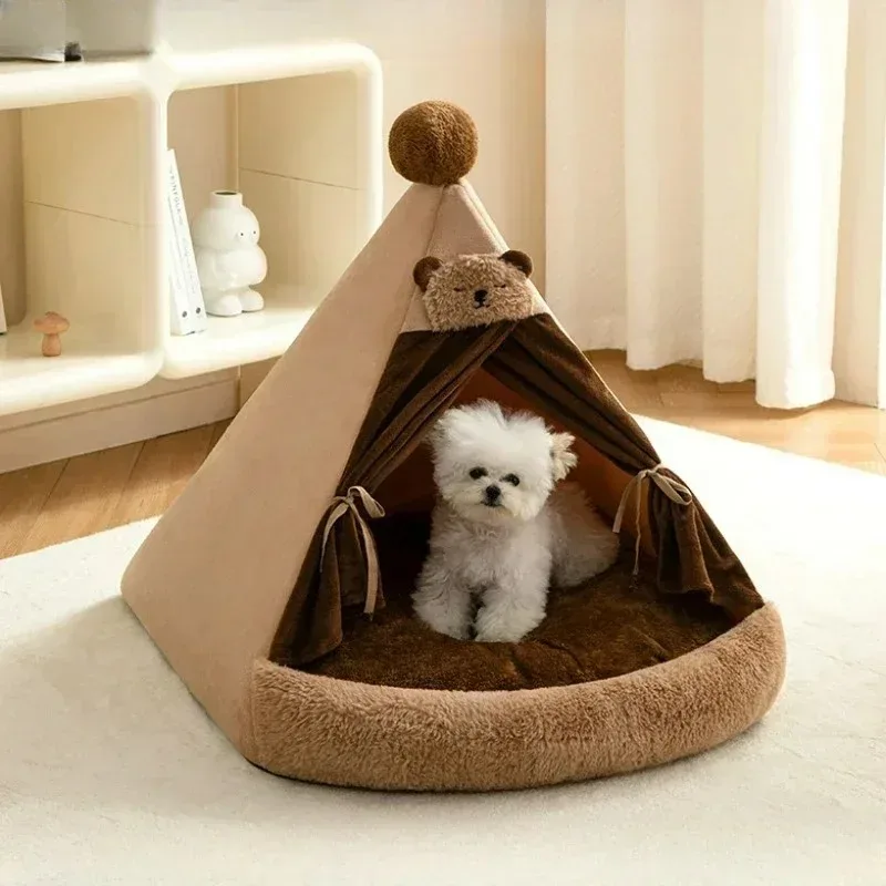 Cat House Bed Cat Nest Puppy Teepee Dog Tent with Cushion for Cats Kitten Small Dogs Puppies Pet Winter Warm Plush Enclosed Bed