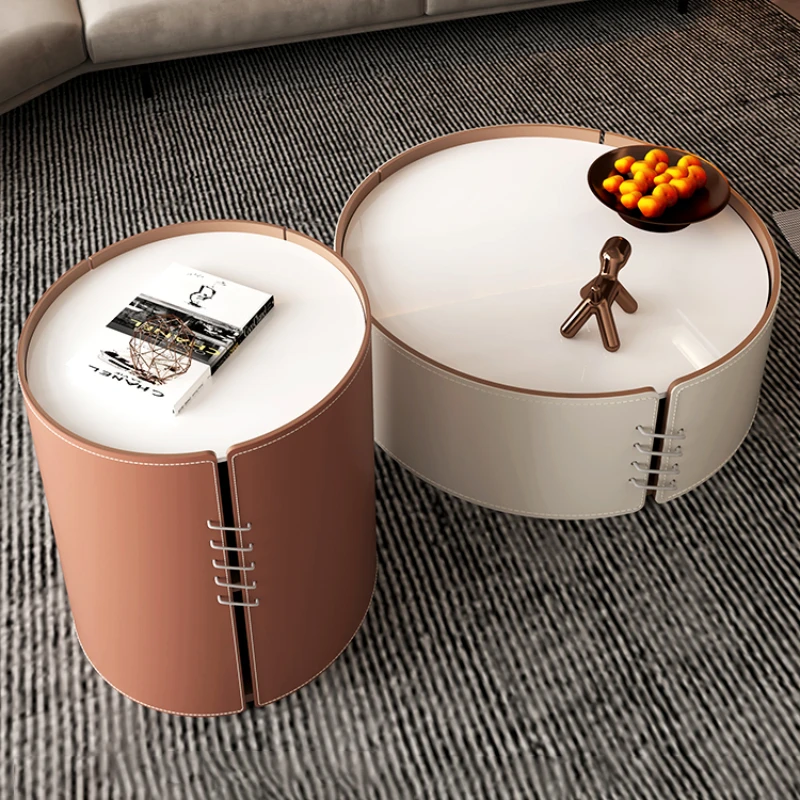 

Living Room Home Light Luxury Modern Leather Stone Big Small round Creative Coffee
