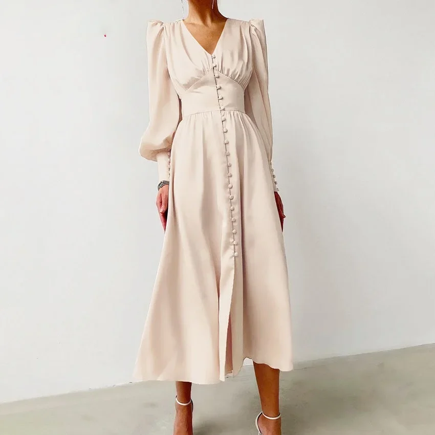 

OOTN бежевое однобортное сексуальное платье, женское атласное длинное платье с высокой талией, элегантные женские платья миди с V-образным вырезом и рукавом-фонариком