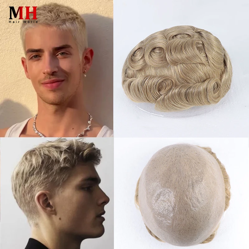 

Blonde Men Toupee Human Hair Male Wig Natural Straight 8X10 Full PU Thin Skin Poly Base System Hairpiece Replacement #22R