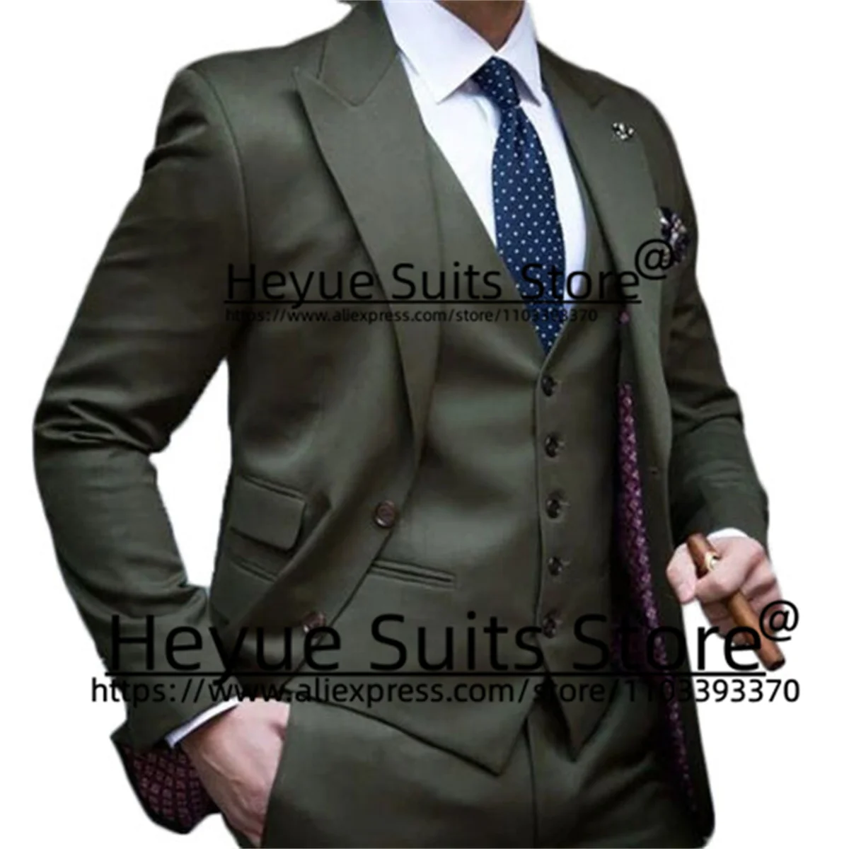 Army Green Business Men Suits Slim Fit Peak Lapel Groom Formal Tuxedos Prom 2 Pieces Sets Business Male Blazer Costume Homme