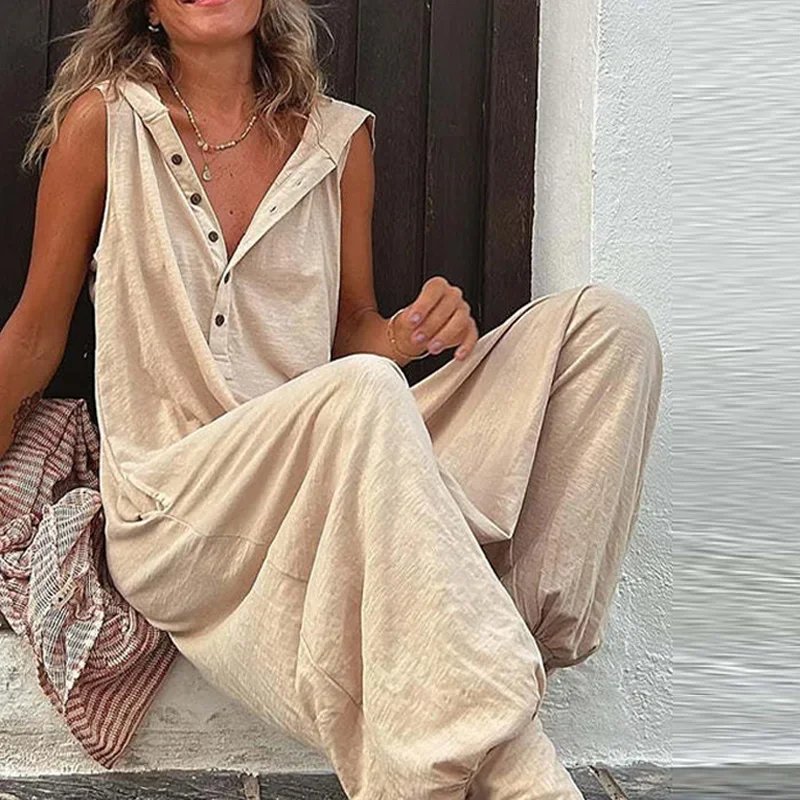 Vintage Button Jumpsuit Summer Women Causal Beach Cross-pants Playsuit Fashion Loose Solid Sleeveless Hooded Romper Streetwear