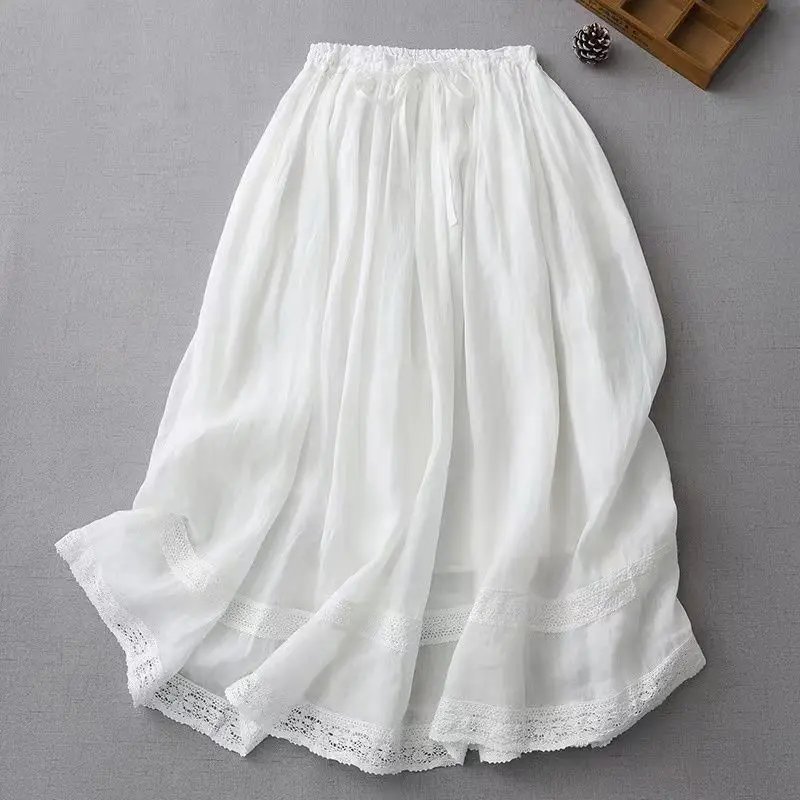

2023 New Arrival Summer Korean Style Women Loose Casual Elastic Waist Lace Patchwork A-line Cotton Linen Mid-calf Skirts P548