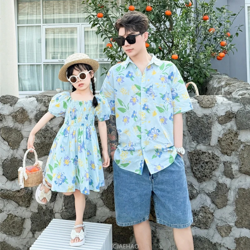 Family Vacation Matching Outfits for Brother Clothes Mom Daughter Smock Dress Coat Couples Dad Son Floral Shirt Korean Sister - 6