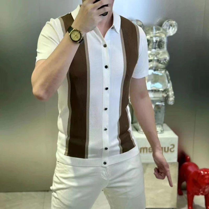 Abbigliamento da uomo Camicia a maniche corte premium Estate Nuova vestibilità slim Business Casual Color Block Moda Top versatile - immagine 2