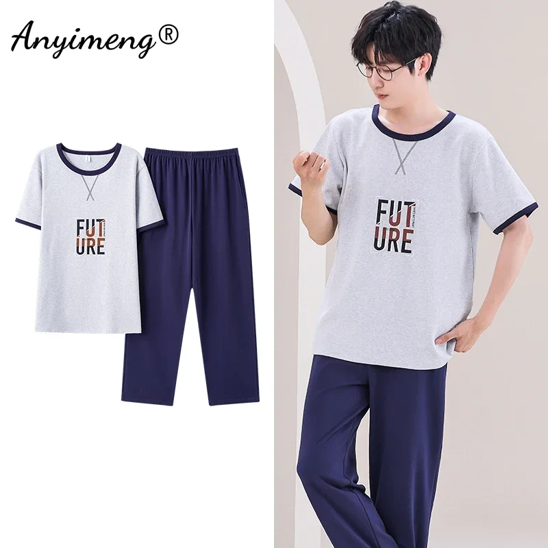 Mens Pajamas 3xl 4xl Sleepwear Short Sleeved Long Pants Cotton Leisure Pyjamas Boy Plaid Pants Men Summer Nightwear