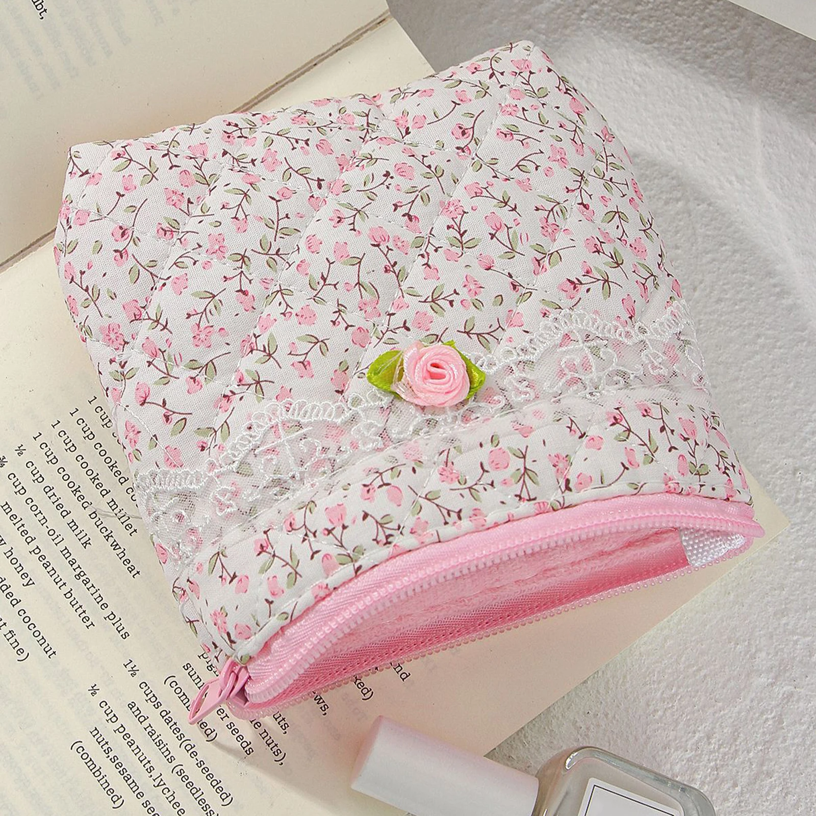 Cotton Quilted Makeup Bag Large Travel Toiletry Bag Pink Floral Toiletry Organizer for Women and Girls