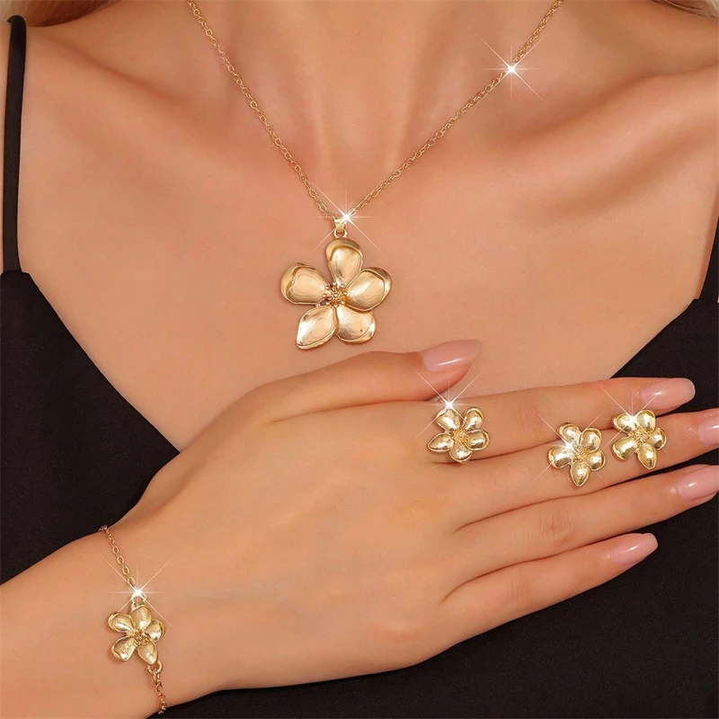 Trendiges Vergoldetes Blumen-Schmuckset mit Halskette, Armband, Ring und Ohrringen als Brautgeschenk für Frauen, Hochzeit, Party und Jubiläum