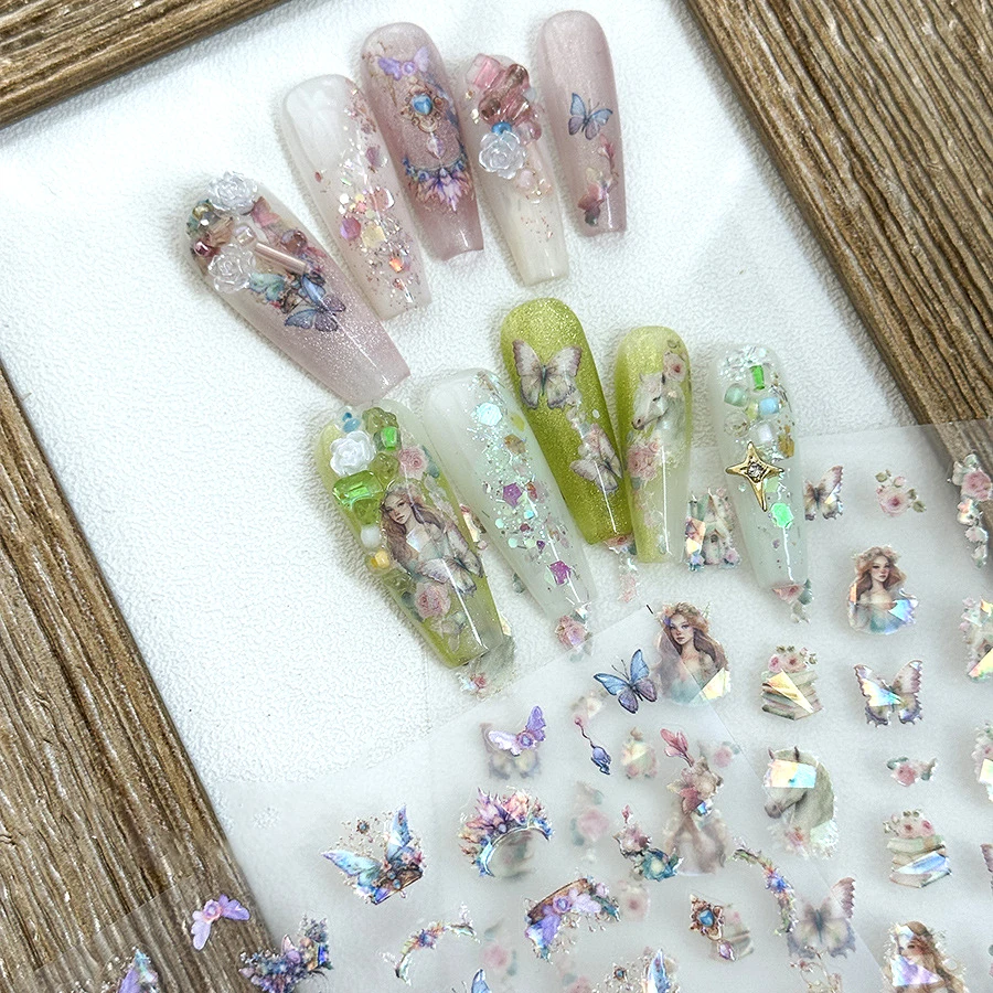 Cute Girl Fantasy Horse Book Flower Shiny Butterfly Self Adhesive Nail Art Decoration Sticker Pretty Japan 3D Manicure 5D Decals 3