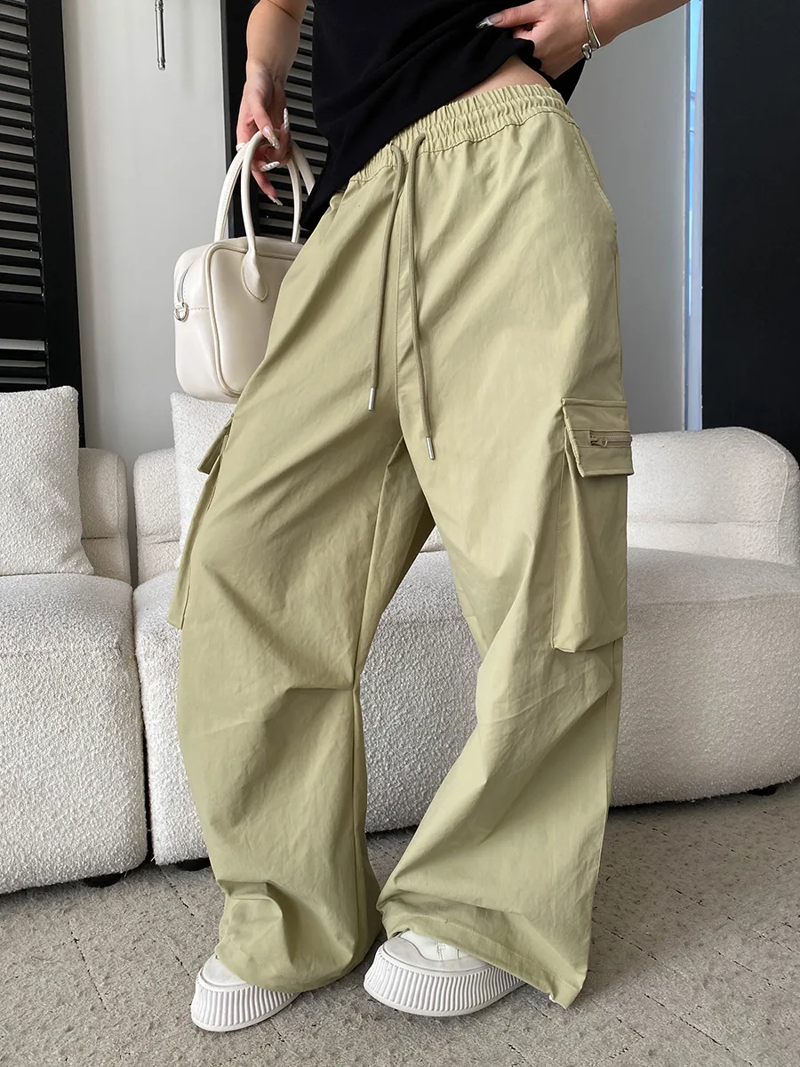 Frühlingshose für Damen, einfarbig, amerikanischer Retro-Stil, mit Kordelzug, elastischer hoher Taille, lässige Fallschirmjäger-Arbeitshose mit weitem Bein – Detail 15