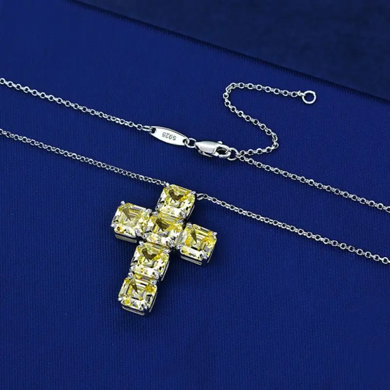 

100% 925 Sterling Silver 7*7mm Quare Diamond Cross Pendant Necklace For Women Sparkling Wedding Party Fine Jewelry