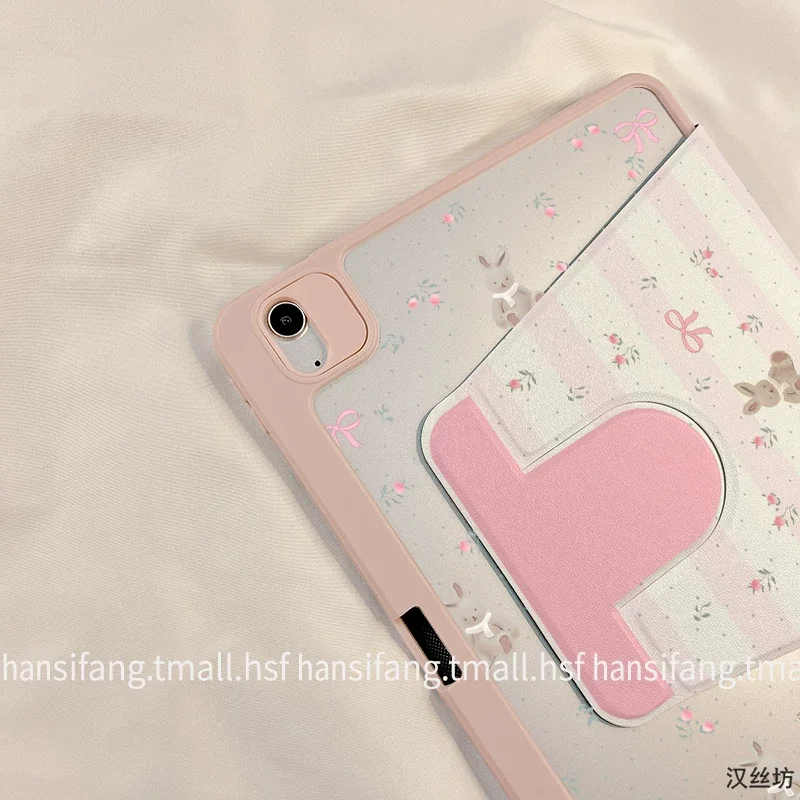 720° Rotating Pink Flower Rabbit Triple Fold Pad Case