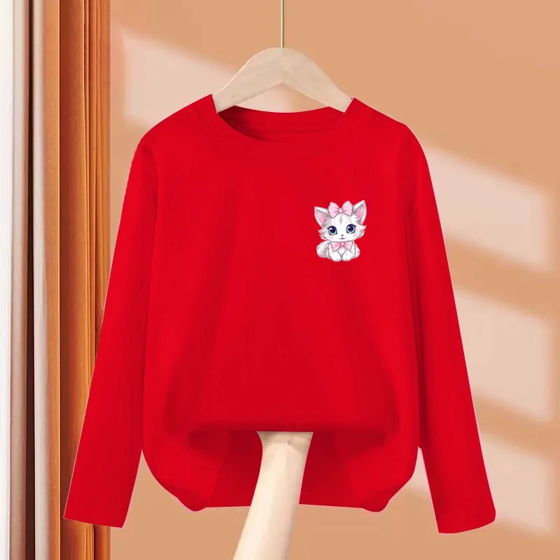 2024 Cute Bow Cat Dress Baby Girl Long Sleeved T-shirt Cartoon Kitty Cotton Tops Girls Spring Leisure Tees 3-14 Age 4