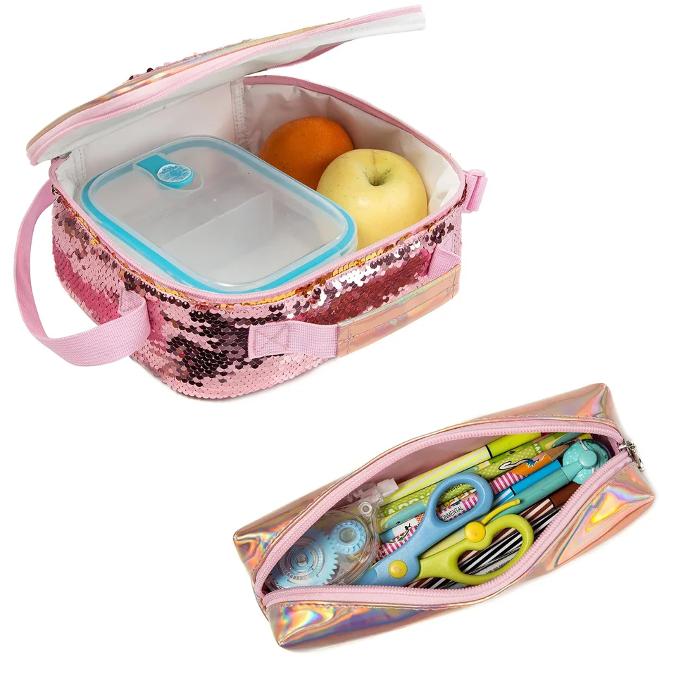 UFNDC 3 zaini per ragazze con portapranzo, 40,6 cm, con paillettes, borsa per il pranzo, borsa per la scuola per bambini elementari, 40,6 cm