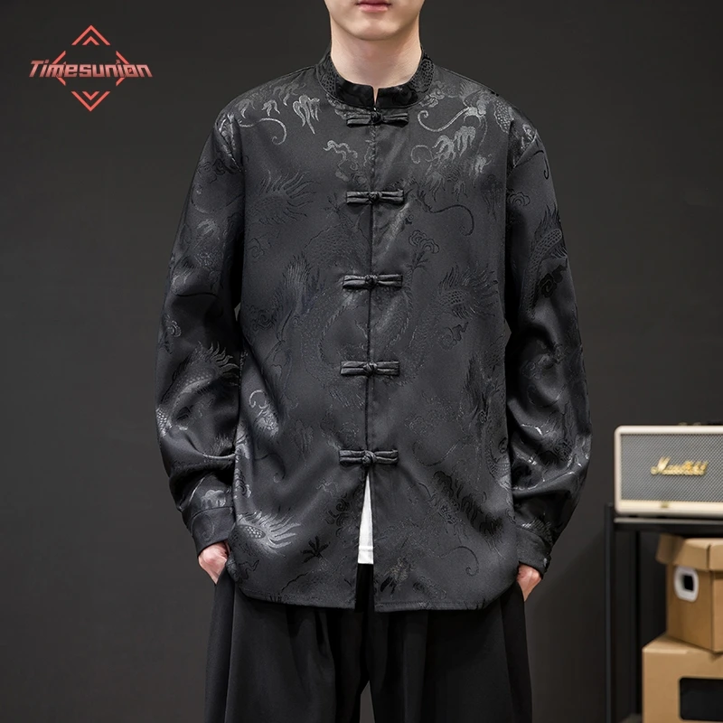 Long Sleeve Shirt Men Casual Shirt Silk Shirt Spring Summer Men's Chinese Shirt Satin Silk Vintage Coat Hanfu Tops Ethnic Style Clothing Tang Collar Shirt