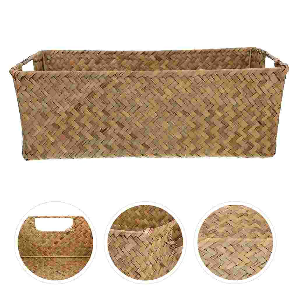 

Hemoton Rattan Storage Basket Handle Rectangular Woven Fruit Baskets Wicker Bread Basket Snack Container Laundry Bin Basket