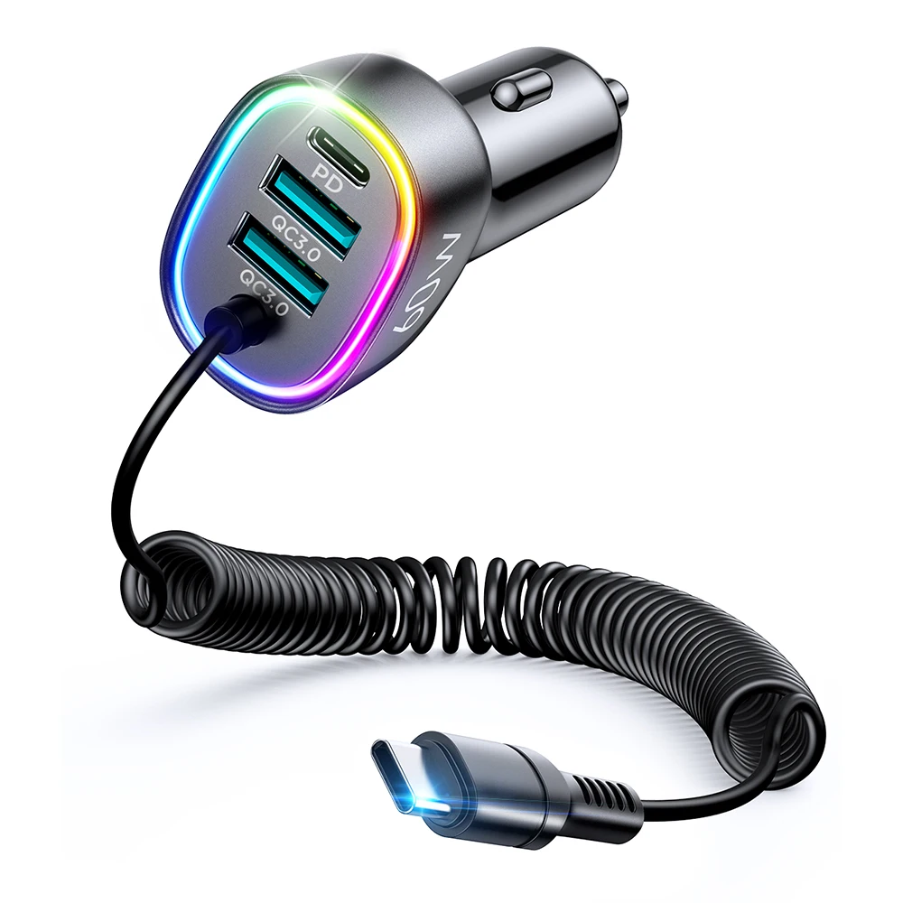 60W 4-Port USB-C Fast Car Charger with 5.3FT Cable & RGB Light 3