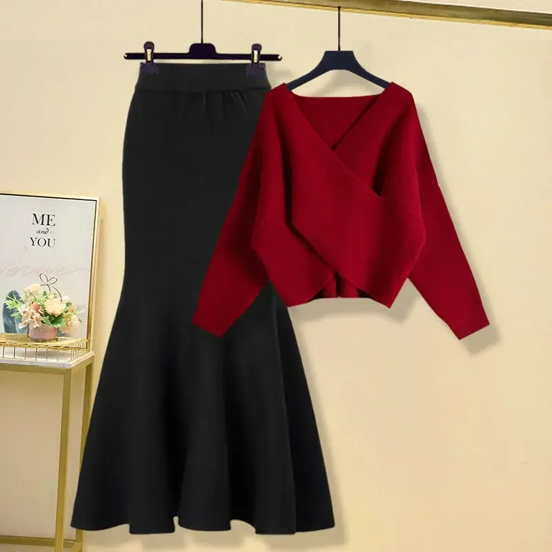 Autumn and Winter Set 2024 New Large Women's Korean Style Slim Fashion Cross Sweater Fish Tail Skirt Two Piece Set Fashion