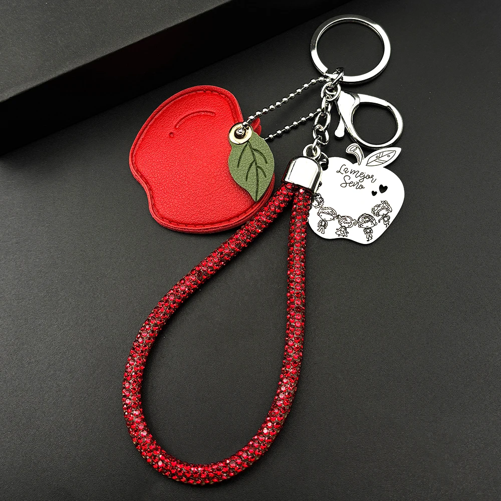 Roter Apfel Lehrertag Schlüsselanhänger für Frauen und Männer, Edelstahl, Strass, spanischer Abschluss-Taschenanhänger, Liebes-Schlüsselhalter, Schmuck – Detail 16