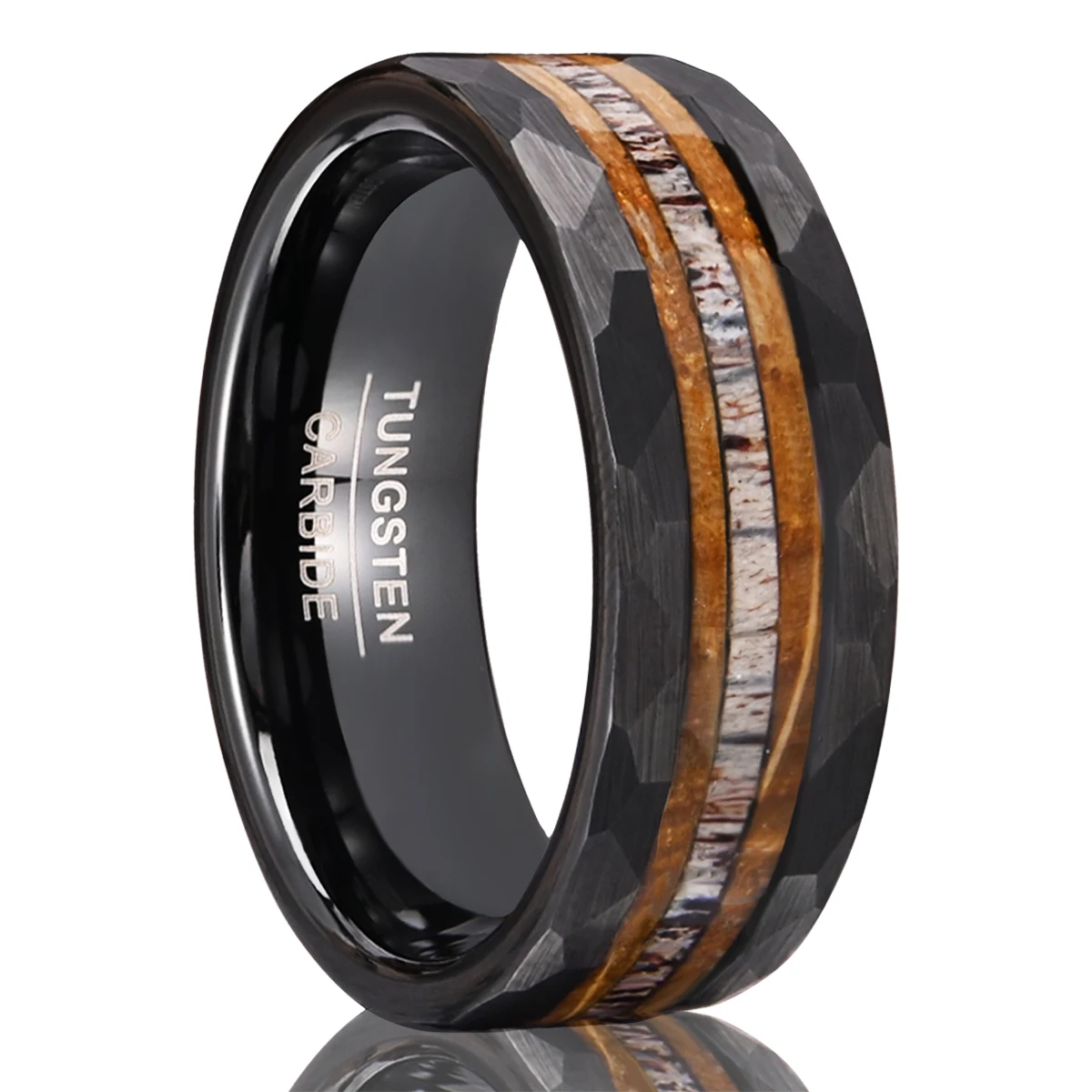 8mm Black Tungsten Carbide Men's Ring Barrelwood and Antler Inlay Men's Engagement Wedding Band Jewelry Gifts