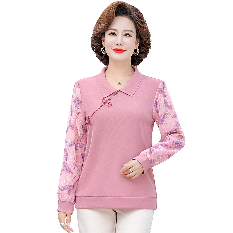 Vintage Women embroidery Shirt Spring Autumn Solid color Lapel collar Long Sleeve T-Shirt Fashion Patchwork Casual Pullover Tops