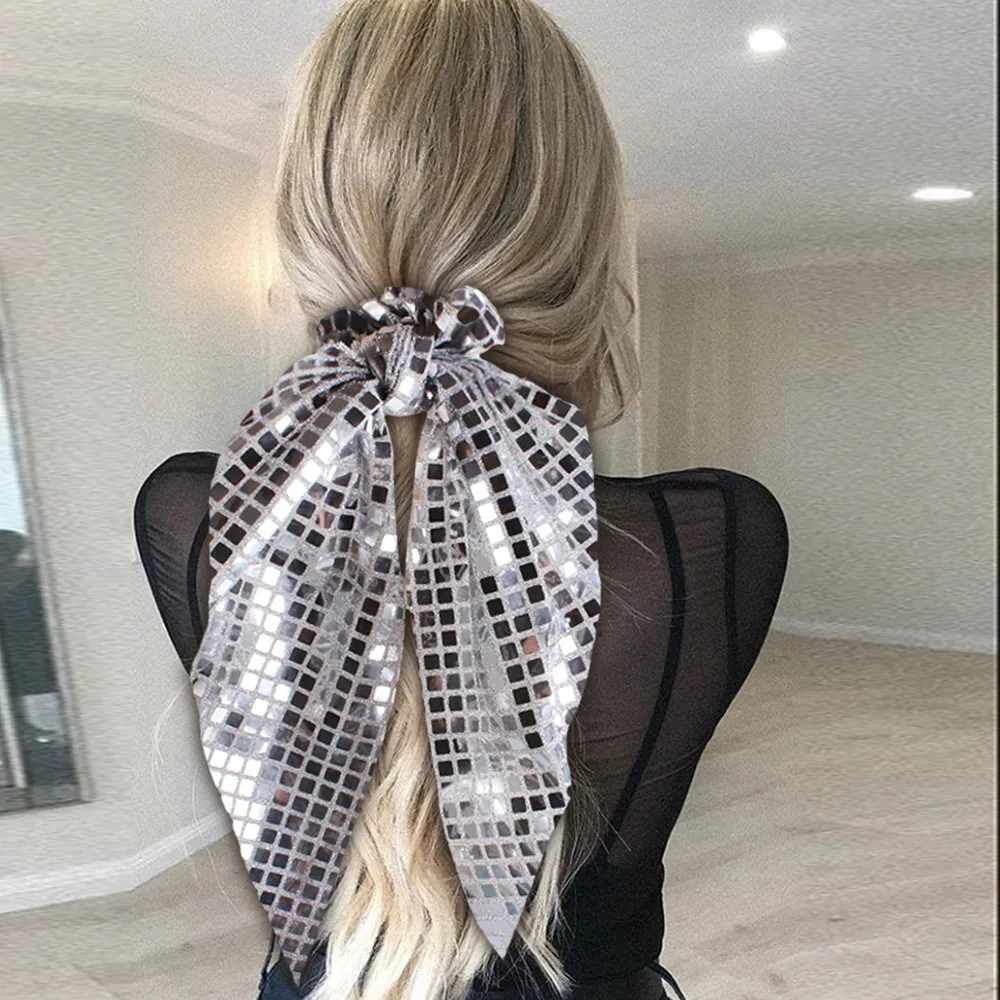 1 Stück Damen-Haargummis mit Pailletten, Glänzende Schleifenbänder, Modische Mädchen-Haarbänder, Hochelastische Haaraccessoires – Detail 1