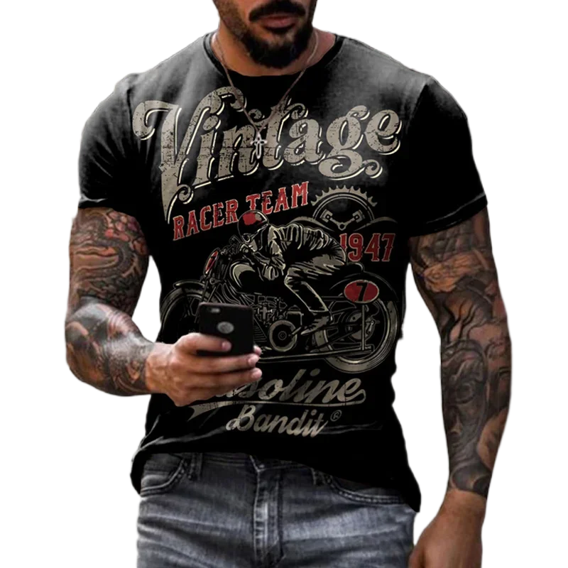 

2024 Summer Vintage Men's T Shirt 3d Retro Motorcycle Oversized Tshirts for Men Clothing Biker Racing T-shirts Motor Tees Tops