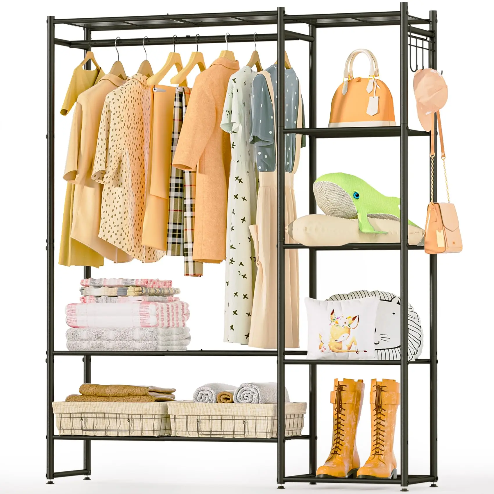 

Portable Grey Clothing Rack with Shelves, Hanging Clothes Organizer