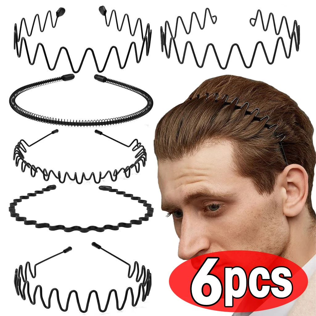 6pcs Fashion Metal Hair Band for Men Women Unisex Black Wavy Hair Head