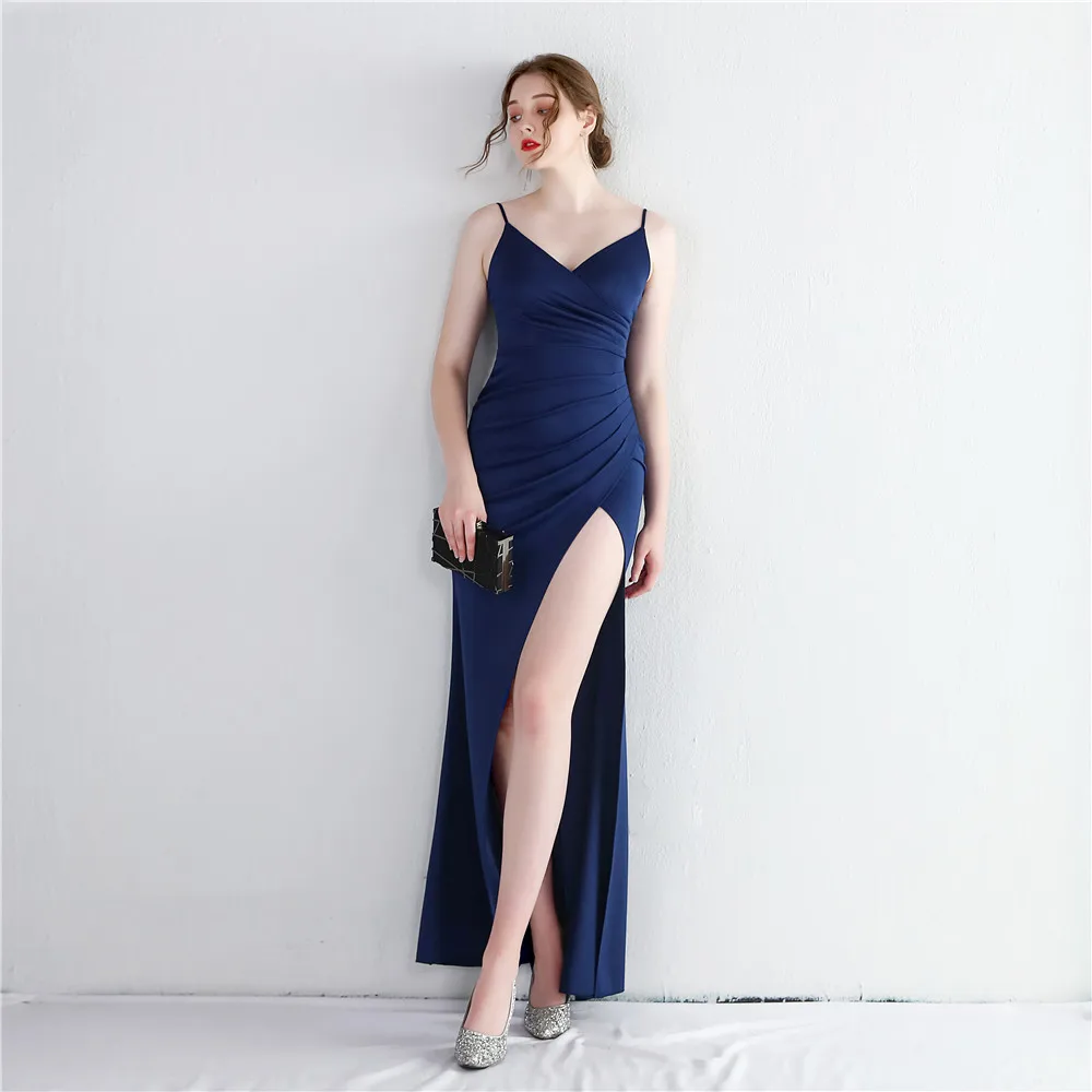 Women's Spaghetti Deep V-Neck Prom Dresses High Split Evening Dress