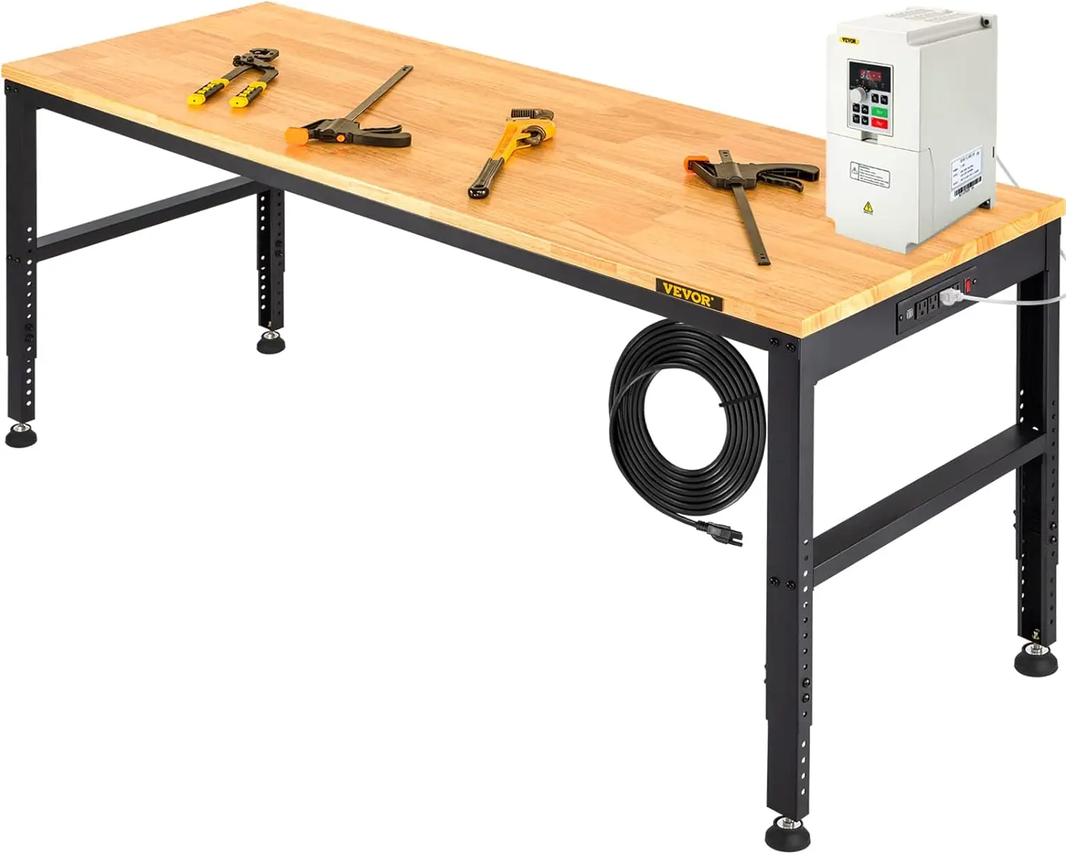 

60" Adjustable Workbench, Heavay Duty Workstation 2000 LBS Load Capacity, with Power Outlets & Rubber Wood Top & Metal Frame