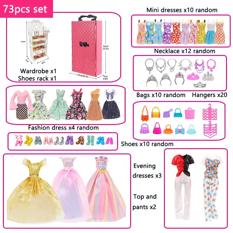 73pcs Set Doll Accessories Playsets Include Wardrobe Shoes Rack Evening Dress Fashion Top and Pants Necklace Christmas Gift Toy