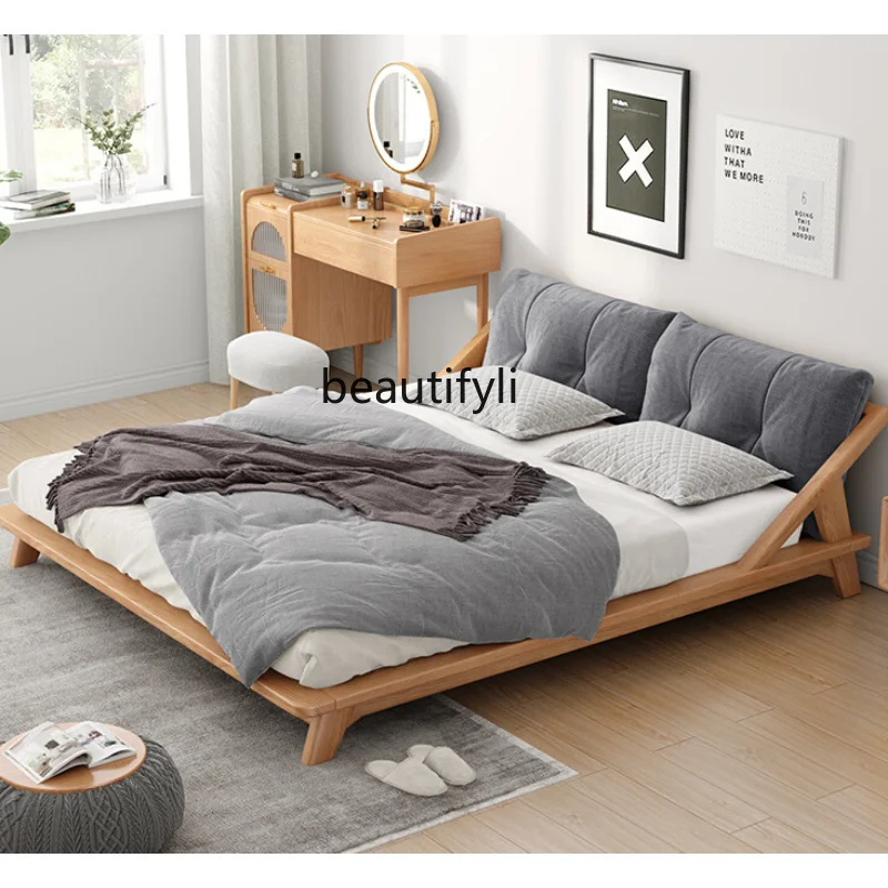 

Nordic Solid Wood Bed 1.8M Modern Minimalist Japanese Style Cream Style Tatami Double Trundle Bed Small Apartment