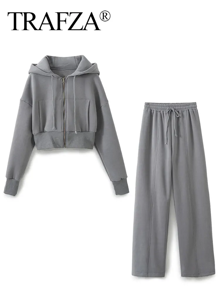 TRAFZA Spring Women Solid Hoodie Pant Set Long Sleeve Hooded Coat Jacket + Tube Top + Elastic Waist Trousers Casual Sport Suits