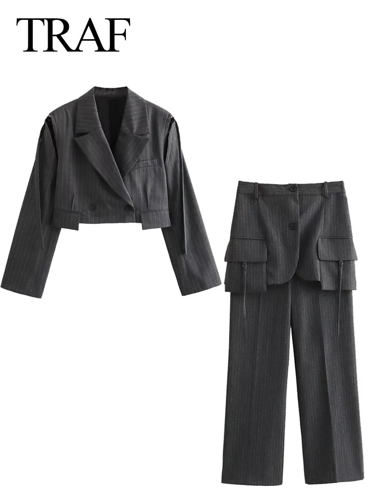 

TRAF 2023 Female Sets Stripe Turn Down Collar Long Sleeves Hole Double Breasted Jacket Coat + High Waist Woman Pant Suits